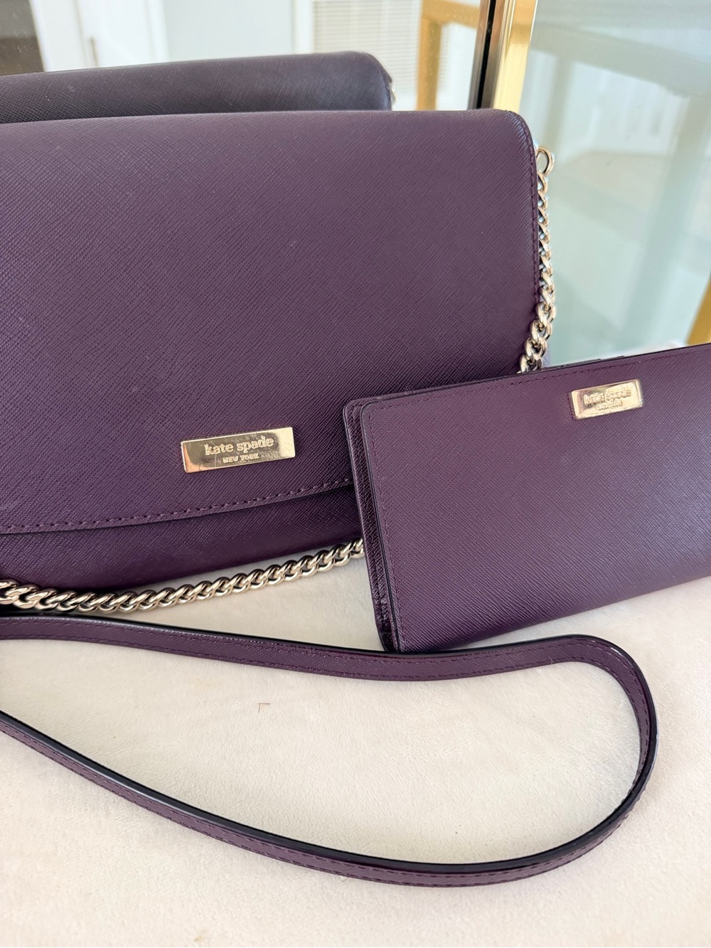 kate spade plum leather crossbody with matching card holder